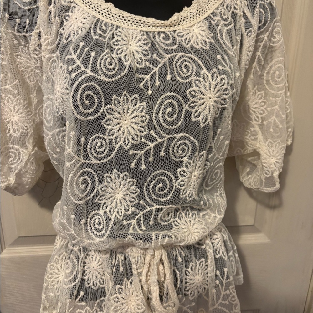 Sheer Embroidered Lace Tunic with Faux Drawstring Waist - Cream